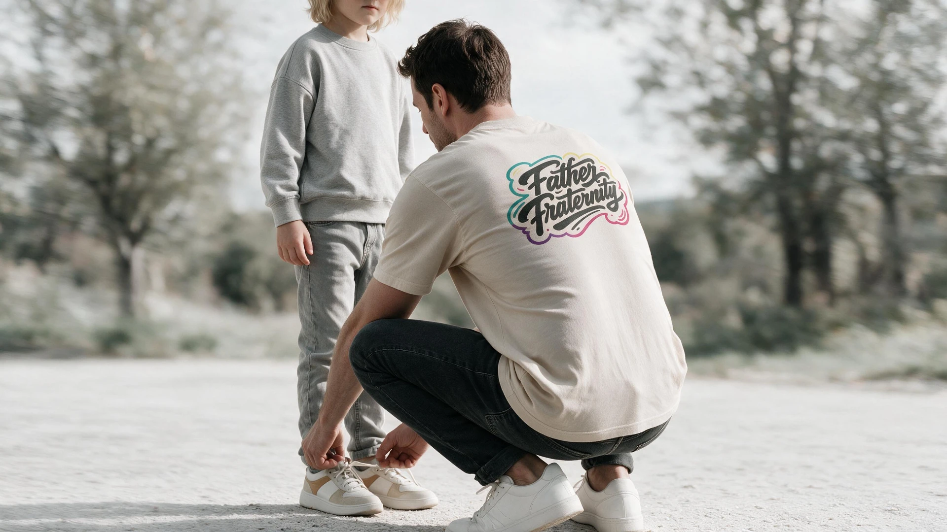 A father crouched down tying his son's shoe on a bright morning