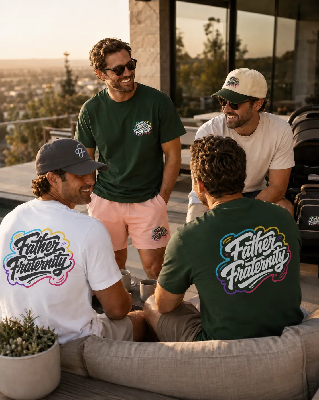 Four fathers sitting together at golden hour in Father Fraternity tees, caps and shorts