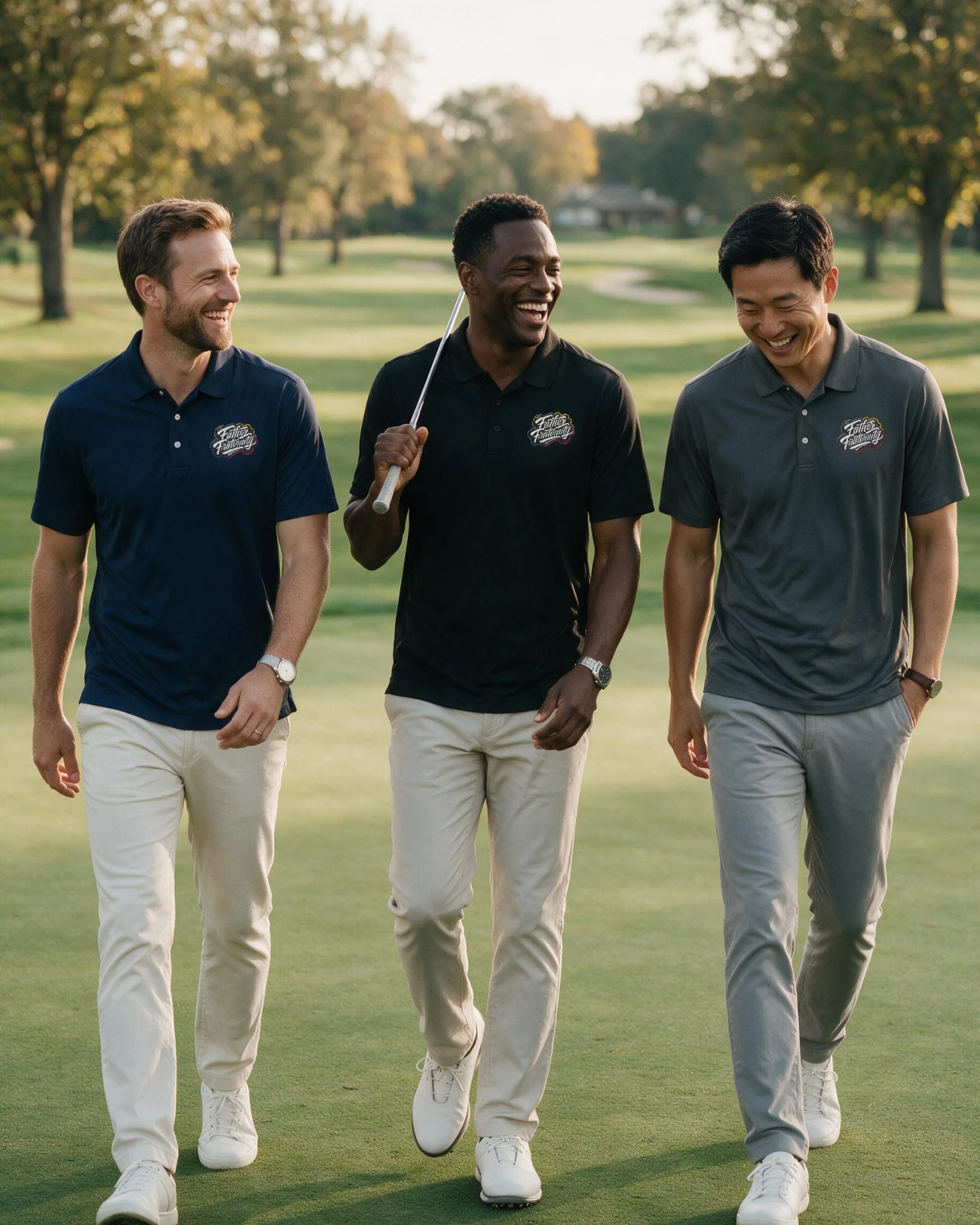 Three fathers walking the golf course together in Father Fraternity polos